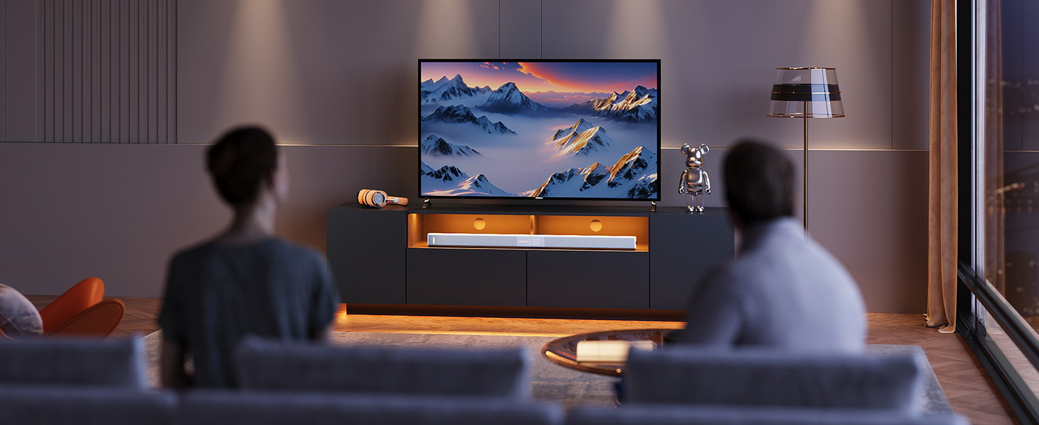 Тумба під телевізор WLIVE з LED-підсвіткою, глянцева, чорна, 170x36x45 см - шафа для ТВ з полицями та дверцятами