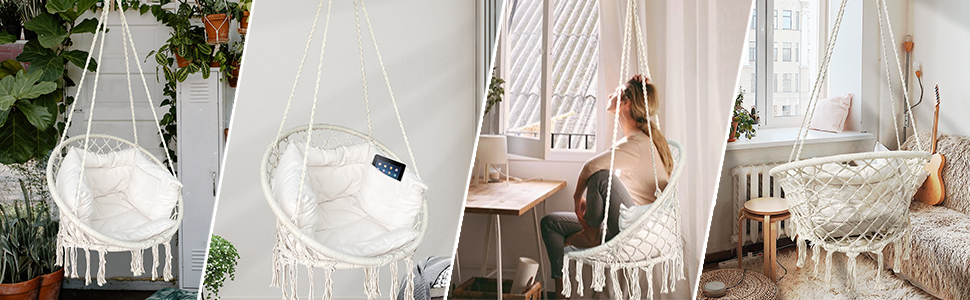 Підвісне крісло-гойдалка VOUNOT з полицею для книг та подушкою, Ø 80 см, бежеве, X-Large, для дому та саду