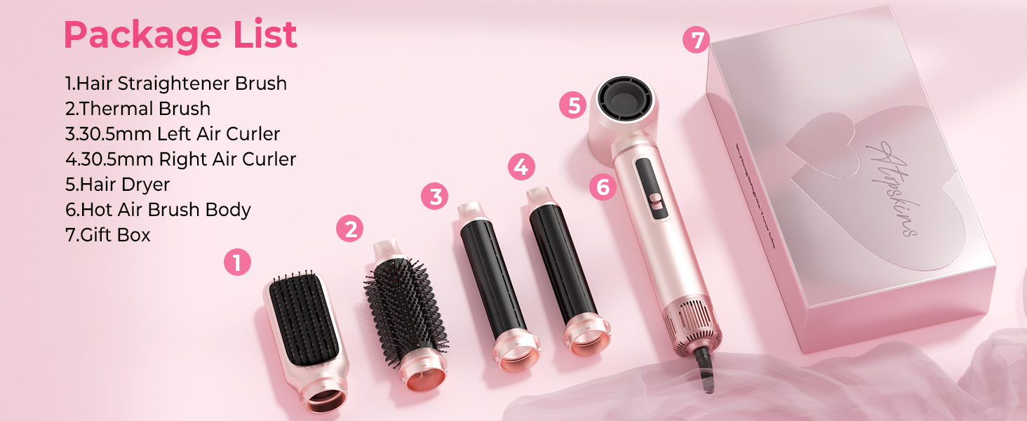 Atopskins Airbrush Haarstyler 5-в-1: Фен-щітка, стайлер для волосся з гарячим повітрям, випрямляч, плойка (Червоний)