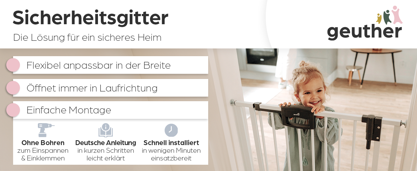 Захисний бар'єр на двері Geuther Easylock Plus для сходів, дерев'яно-металевий, без свердління, двосторонній, сірий-натуральний (120,5-128,5 см)