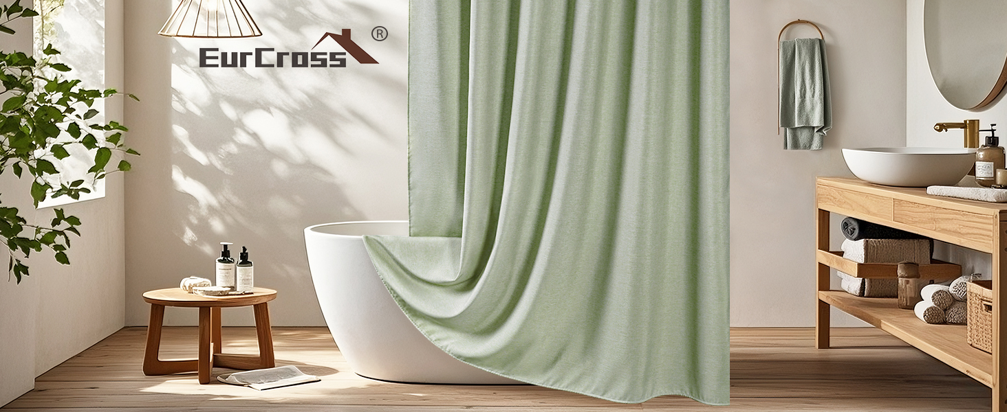 Шторка для душу EurCross з льону, текстурована, зелена, 180x200 см, для ванної кімнати, текстильна, важка, водонепроникна, з 12 кільцями, антибактеріальна, для готелів, поліестер, миється, штора для душу, зелена H200 x B180 см (1 шт.)