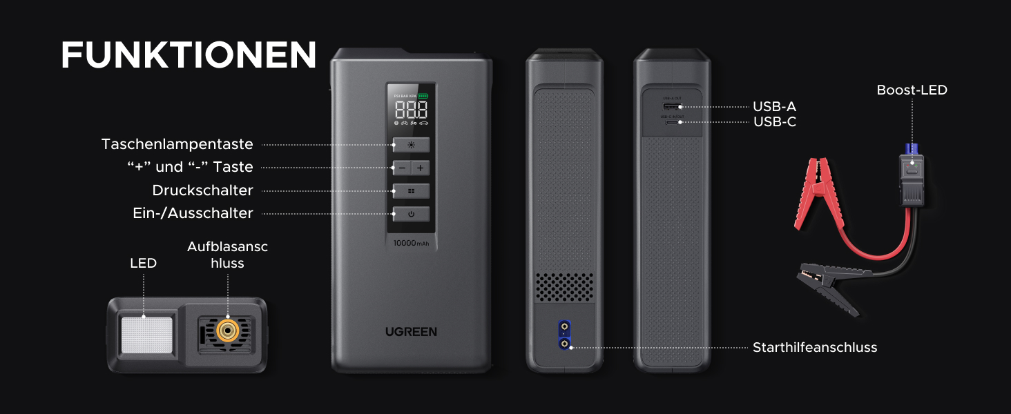 Пусковий пристрій UGREEN 3 в 1: Powerbank 10000mAh, бустер для авто та електричний компресор (помпа)