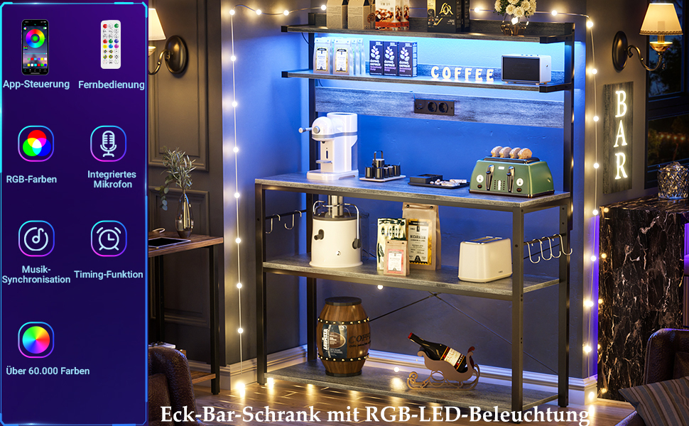 Кухонна полиця-стійка з розеткою, підставка для мікрохвильовки, 5-рівнева кавова станція з LED-підсвіткою, полиця для спецій, каструль та сковороди (80см, Білий дуб)