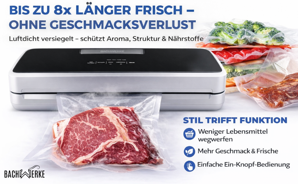 Вакууматор для продуктів BACHWERKE з рулоном та 10 пакетами, ширина шва 32 см, вакуумна машина для зберігання їжі, срібляста