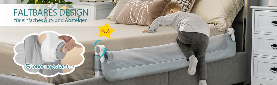 Бортик для ліжка COSTWAY складаний, захисний бар'єр для дитячого ліжка та батьківського ліжка 105x42 см (Сірий)