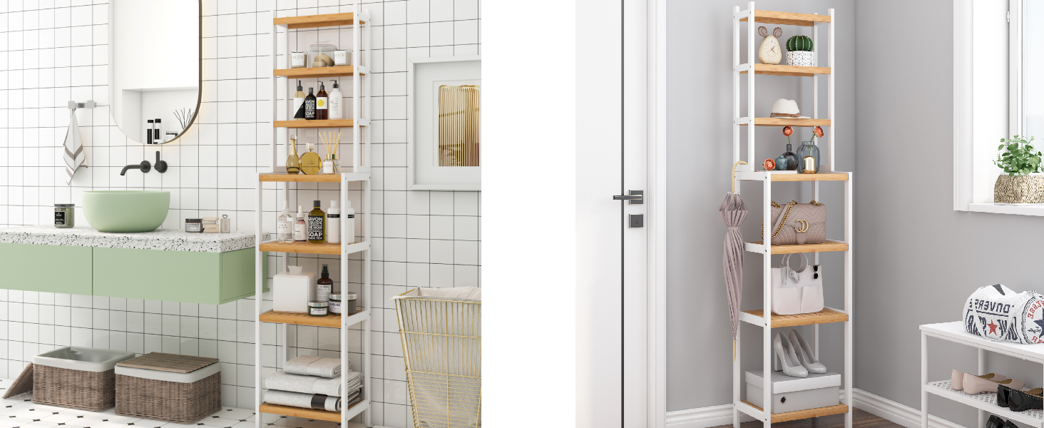 Стелаж для ванної кімнати та кухні FOREHILL з 7 полицями (160x36x28 см) - бамбук та білий