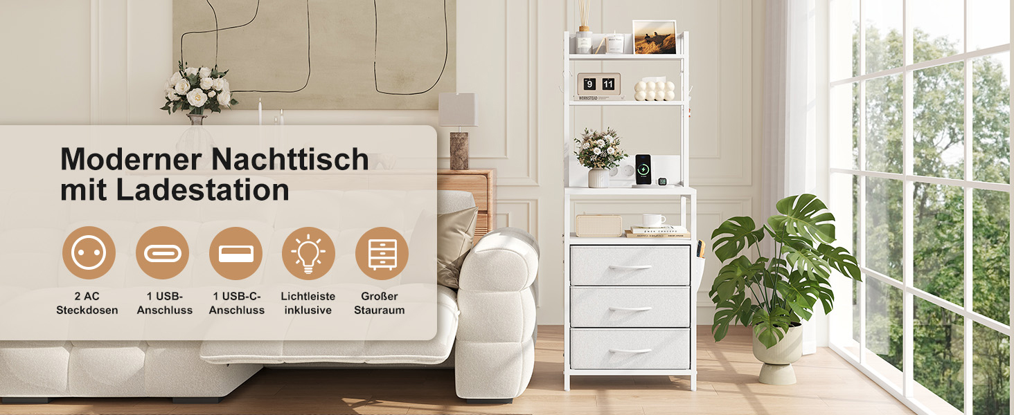 Нічний столик з підзарядкою та LED, бічний столик з 3 висувними ящиками з тканини, тумбочка з полицею для книг, відкрите відділення, 2 розетки AC, USB та Type C порти, для спальні, вітальні, офісу (40x30x60 см, Білий, 1)