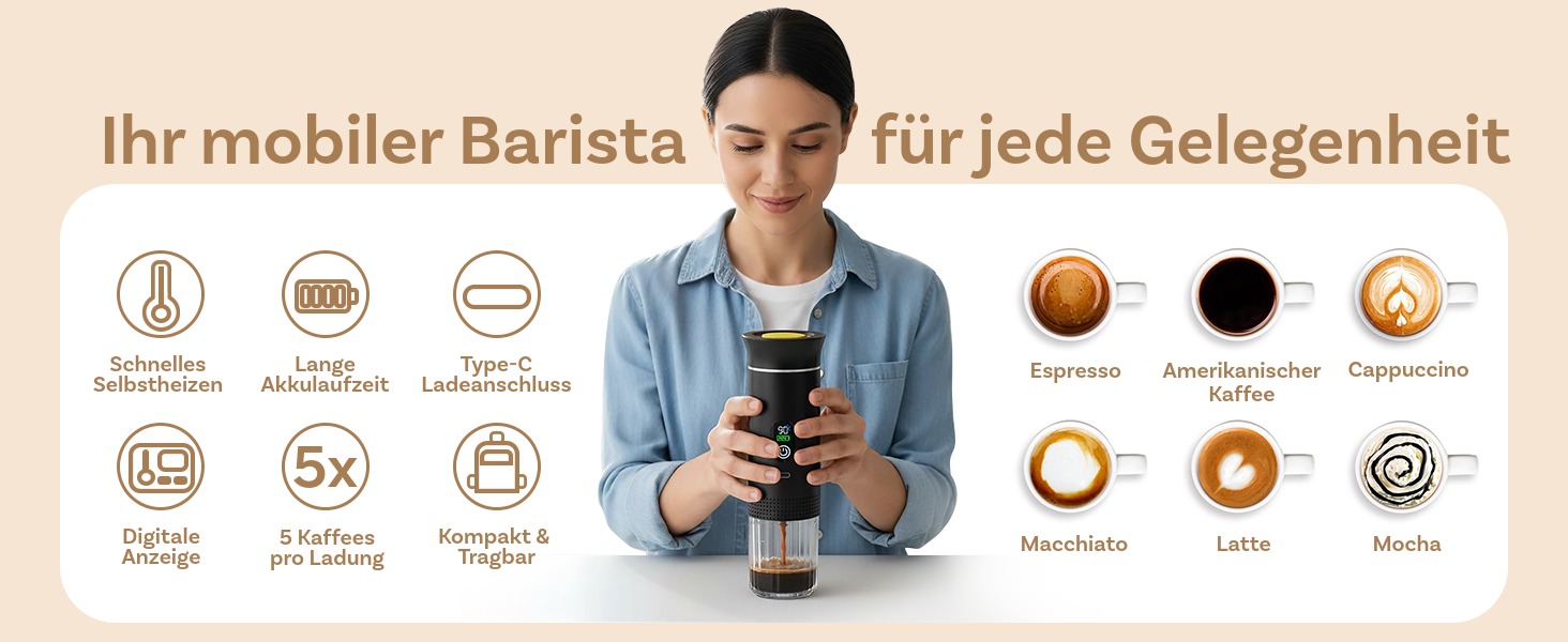 Портативна кавомашина MMOBIEL: електрична еспресо-машина з підігрівом, USB-C, для кави в зернах та капсул – ідеальна для подорожей, кемпінгу, дому, офісу, авто (чорний)