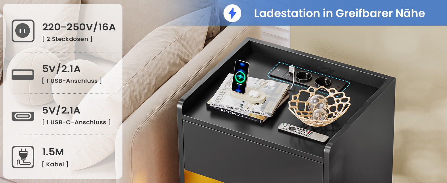 Нічний столик AOGLLATI з LED-підсвічуванням та зарядкою, з шухлядами та полицею, білий (40x35x60 см)