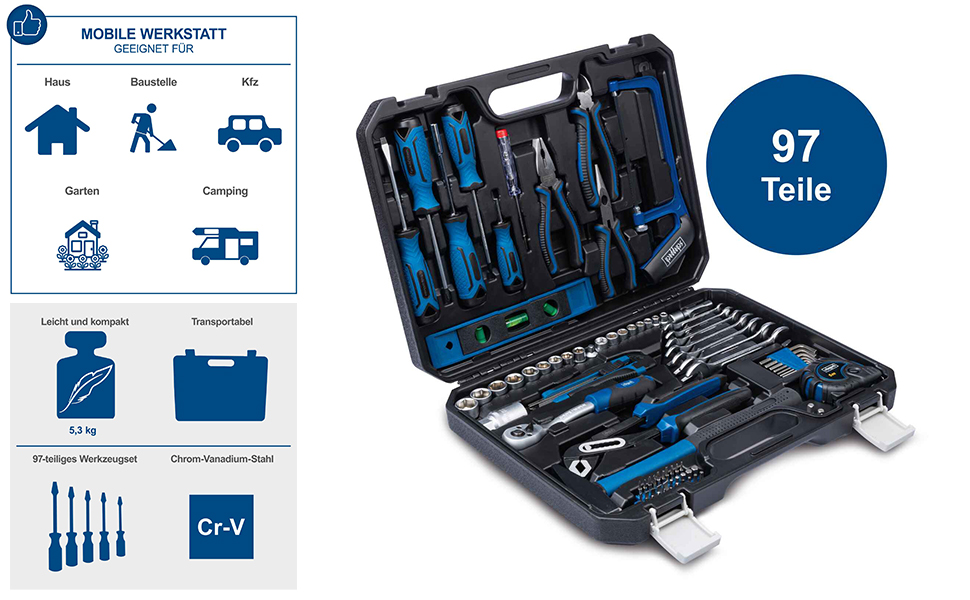 Набір інструментів Scheppach WZK120 (97 предметів) в кейсі з міцного пластику: викрутки, біти, шестигранники, ручний інструмент з гумовими ручками