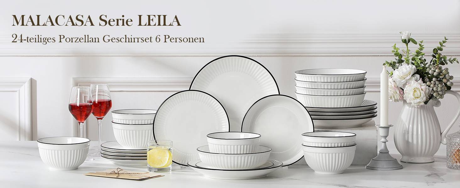 Набір посуду MALACASA LEILA 6 осіб, 24 частини: тарілки, миски, порцеляна, білий з чорним обідком