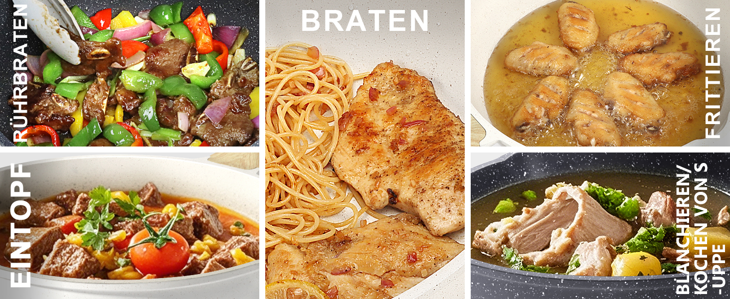 Сковорода GiPP Schmorpfannen з високим бортиком 28 см з кришкою, антипригарне покриття, 4.3 л, кераміка, для всіх типів плит, білий колір