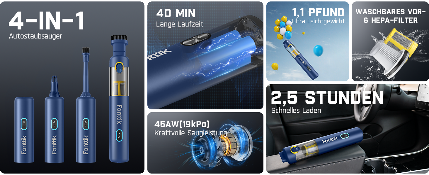 Аккумуляторний автомобільний пилосос Fanttik Slim V8 APEX, портативний ручний міні-пилосос 4-в-1 RobustClean™, 19000 Па/45 AW, 2 режими всмоктування, для авто, офісу та клавіатур (Синій)