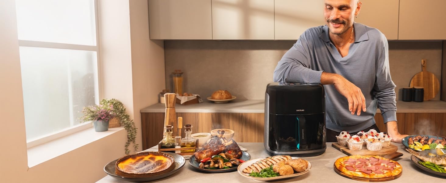 Аерофритюрниця-гриль Cecotec Cecofry Grill Smokin'Prime 4000, 4 л, 1900 Вт, з функцією копчення, гриль-панеллю та рухомою перегородкою, чорна
