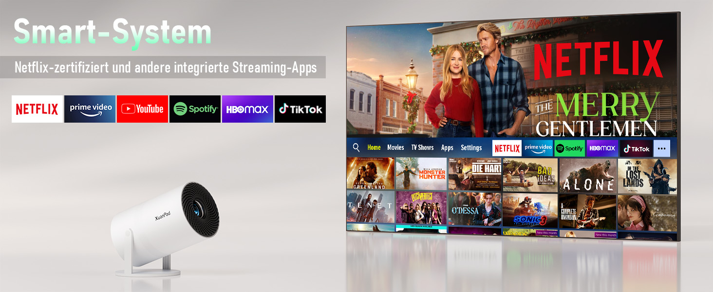 XuanPad Проектор з WiFi та Bluetooth, 30000L, 1080P, Автофокус AI, Поворотний на 210°, Автоматична корекція Keystone, Система видалення пилу та охолодження, Сертифікований Netflix