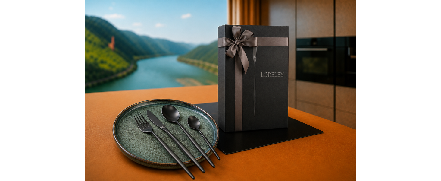 Набір столових приборів LORELEY MITTELRHEIN Premium, 24 предмети на 6 осіб, чорний матовий, нержавіюча сталь, для дому та ресторану