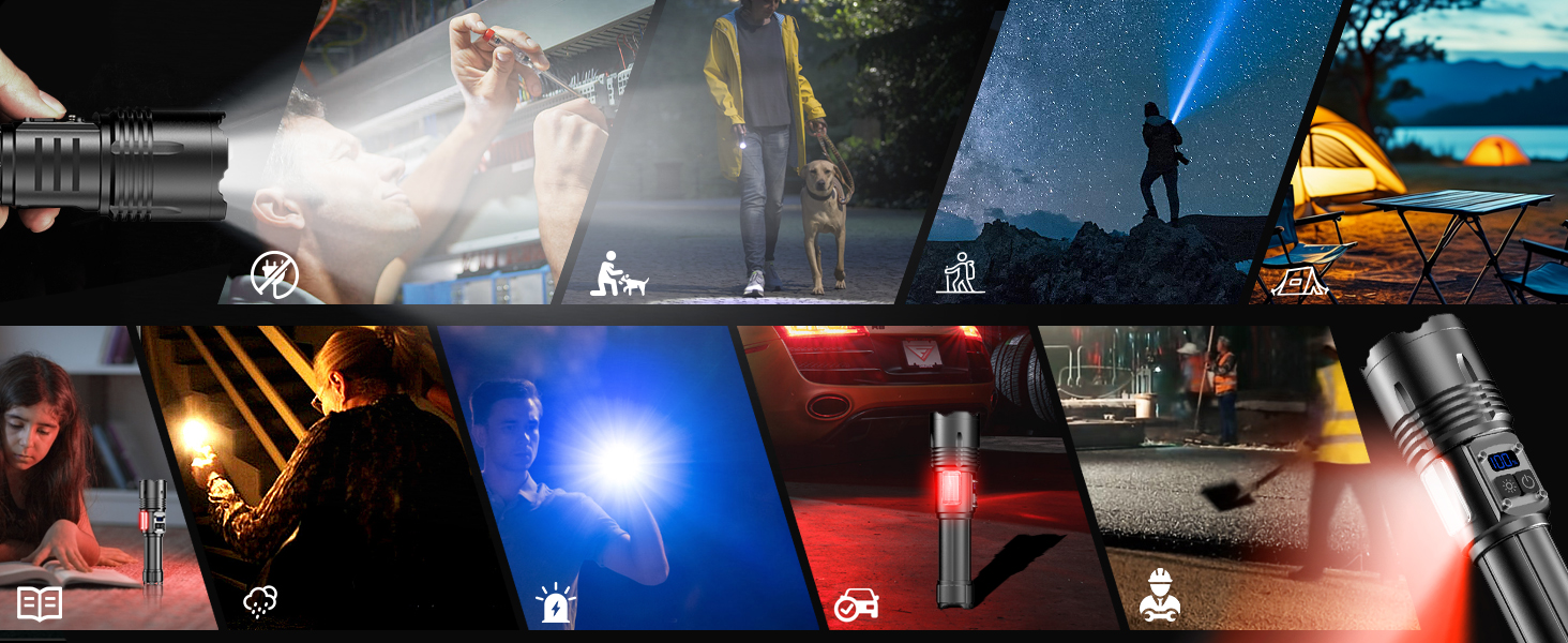 Потужний тактичний ліхтар Relybo LED із зарядкою USB-C, 500 000 Люмен, 9 режимів роботи та бічним COB-світлом, водонепроникний ліхтар для кемпінгу та екстрених ситуацій, чорний