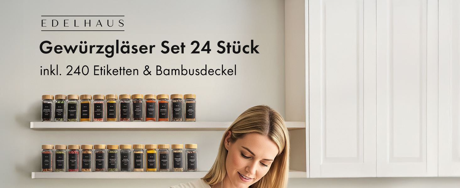 Набір бамбукових скляних баночок для спецій (24 x 120 мл) з ситечком та 240 етикетками. Організатор для спецій, контейнери для спецій, баночки для спецій. Розміри: 11x4,5 см