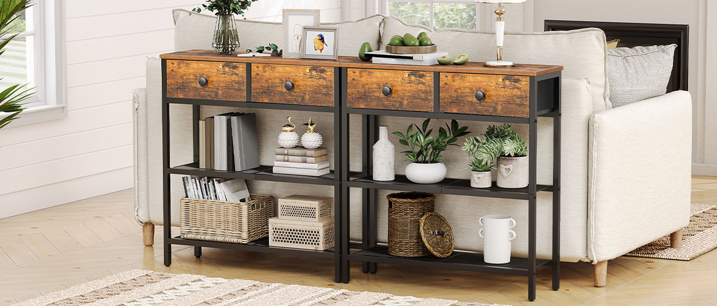 HOOBRO Консольний столик, вузький бічний столик з 2 висувними ящиками з тканини, 75 см, столик для передпокою, журнальний столик для дивану в індустріальному стилі, для передпокою, вітальні, коридору, білий EWW71XG01