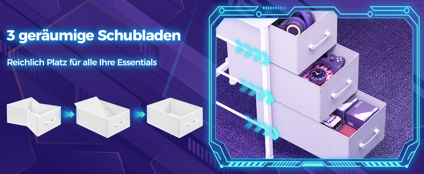 Ігровий кутовий стіл Seventable L-подібної форми з LED підсвіткою, розетками та 3 текстильними висувними ящиками, білий, 135x135x88 см