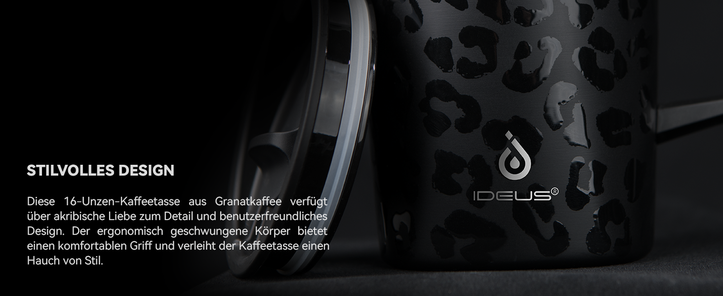 Кружка для кави та чаю Ideus® 470 мл з подвійними стінками, з нержавіючої сталі, з антиковзним руків'ям та кришкою-модулем, великий об'єм (Червоно-зебра)