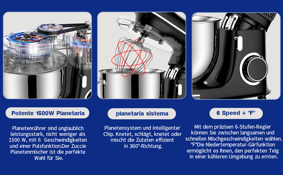 Кухонна машина 1500W 8L з 6 швидкостями, функцією ферментації та LCD-дисплеєм. В комплекті міксер, гак для тіста та вінчик. Чорний колір.
