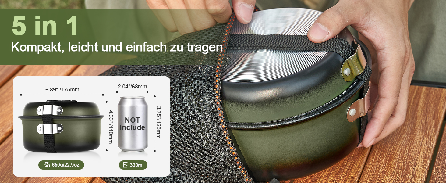 Набір посуду для кемпінгу Odoland 5шт: каструля, сковорода, чайник з знімним ручками. Ідеально для пікніків, походів та кемпінгу. Зелений антипригарний набір посуду.