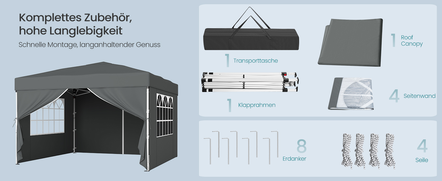 Павільйон SONGMICS 3x3 м, садовий, для відпочинку та заходів, з 4 боковинами (темно-сірий)
