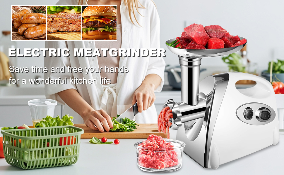 Електрична м'ясорубка та машина для ковбас 2800 Вт, з реверсом, 3 диски, набір для ковбас та куббе (біла)