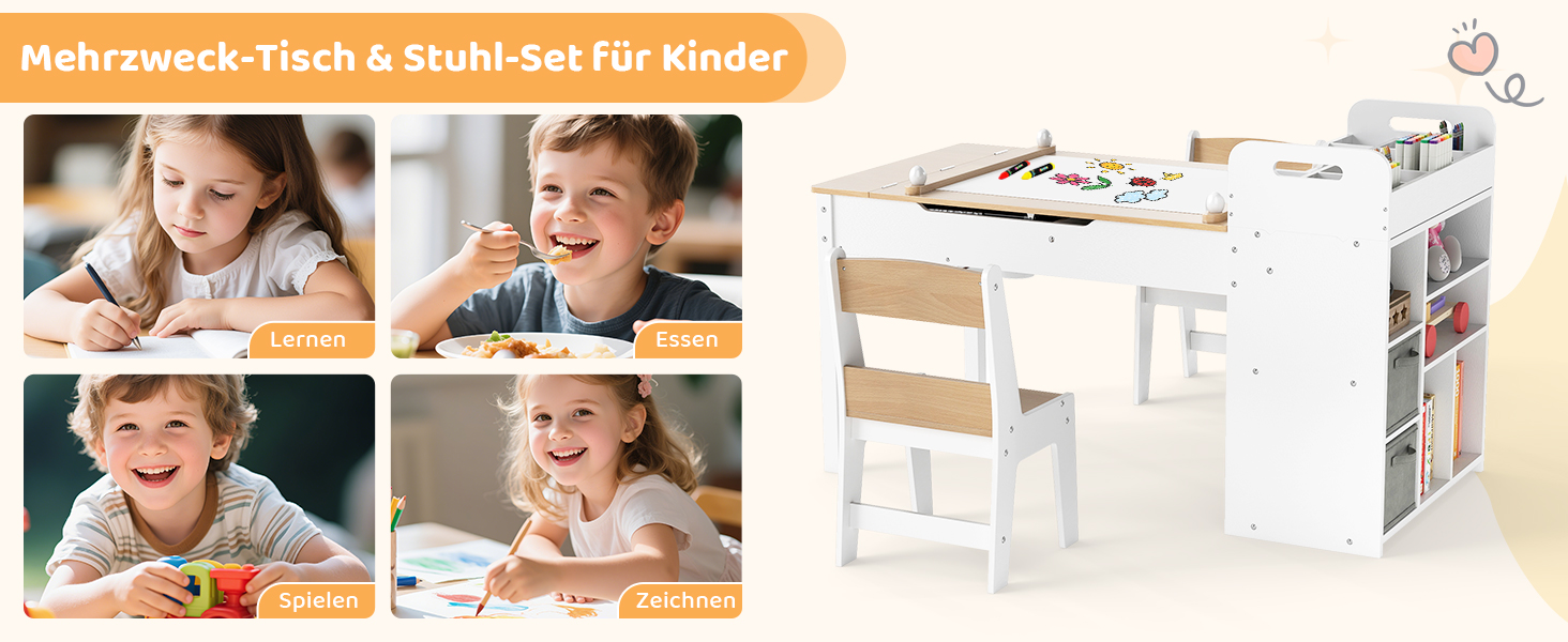 Дитячий стіл COSTWAY 3 в 1 з 2 стільцями: стіл для малювання, мольберт, місце для зберігання. Дерев'яний дитячий стіл-трансформер, 120 x 60 x 60 см (натуральний колір).