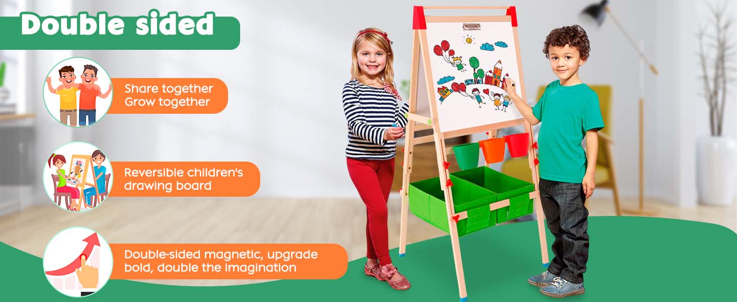 Дерев'яний мольберт Kinder для дітей з паперовою рулонкою, двостороннє Whiteboard та дошка. Регульована висота. З аксесуарами для малювання та навчання. Ідеальний подарунок для малюків.