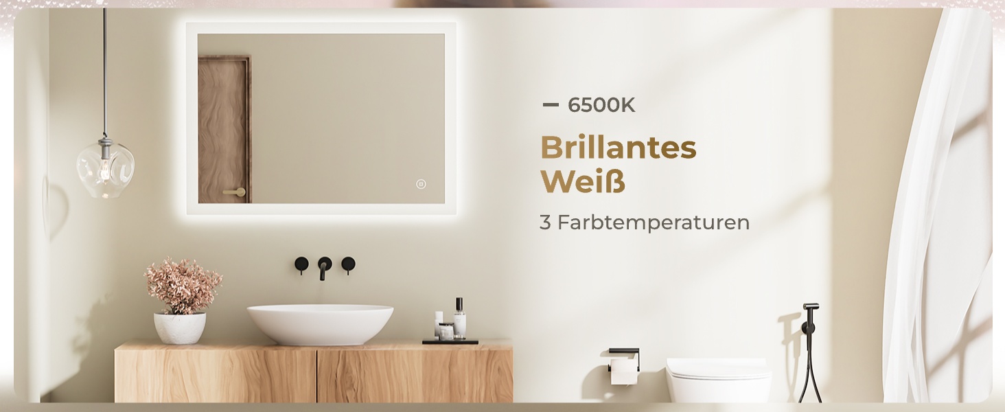 Дзеркало для ванної кімнати з підсвічуванням LED 80x60 см, регульоване, з протитуманним покриттям, вертикальна/горизонтальна установка, 3 кольори світла (3000K/4000K/6500K)