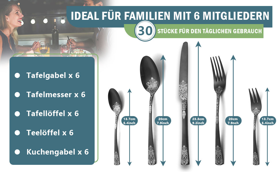 Смішні 30 шт. Набір столових приборів на 6 осіб, нержавіюча сталь, можна мити в посудомийній машині, елегантний чорний вигляд