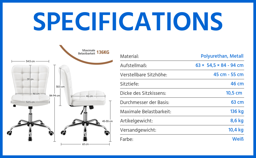 Крісло офісне Yaheetech без підлокітників, обертове, регульоване по висоті, на роликах, штучна шкіра, біле