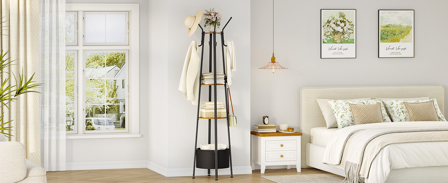 Вішалка для одягу Hzuaneri з великим кошиком для зберігання, 3 полиці, 16 гачків, 182,5 см, коричнево-чорна CR27301B