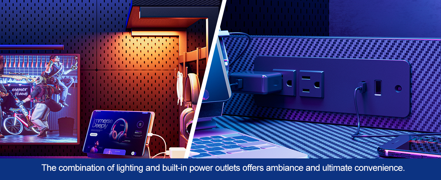 Ігровий стіл Grandder 120 см з розеткою та LED-підсвічуванням, комп'ютерний стіл з регульованими полицями та шухлядою, білий (100 x 50 см, карбоновий дизайн)