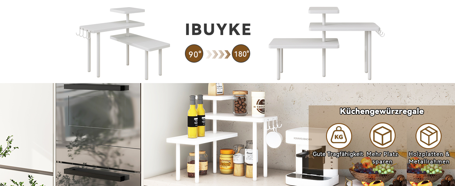 Кухонна полиця для спецій IBUYKE TLJ023B, кутовий органайзер на 3 рівні з гачками, білий
