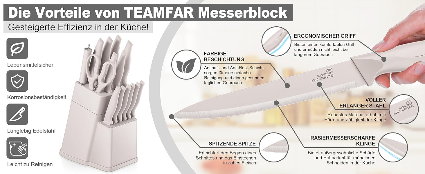 Набір кухонних ножів TEAMFAR з підставкою, 15 предметів, нержавіюча сталь, з точильним каменем, антипригарне покриття, для нарізки, подрібнення, колір хакі