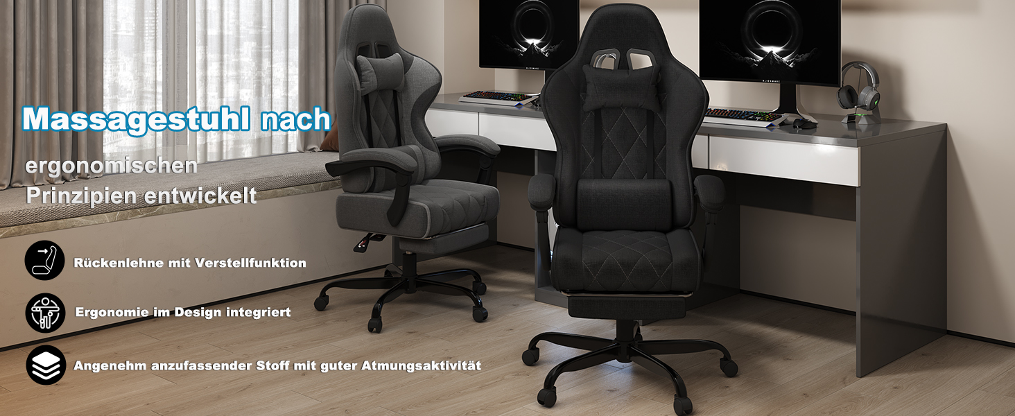 Ігровий крісло JUMMICO з тканини та підлокітниками з піною, ергономічний офісний крісло з масажером. Крісло має підголівник, підставку для ніг, регулювання висоти. Максимальне навантаження: 150 кг, чорний колір