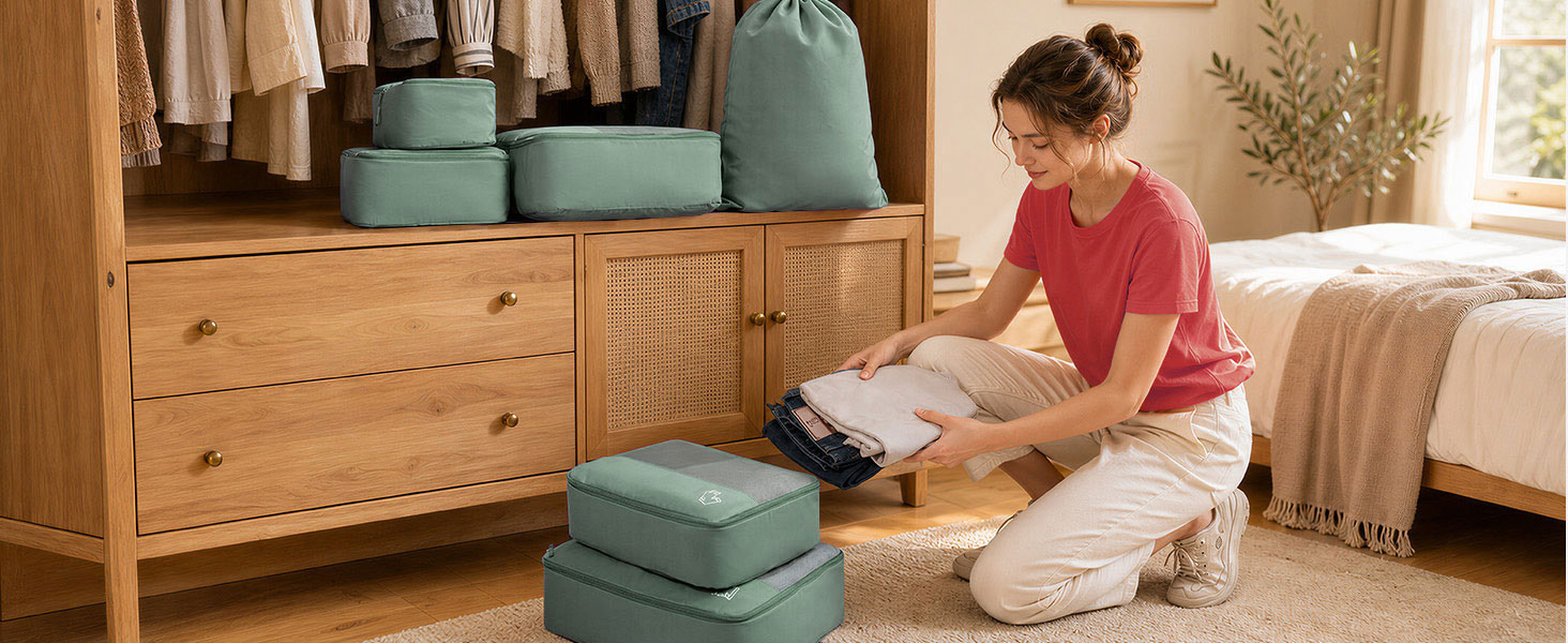 Набір органайзерів для валізи та рюкзака Packing Cubes, 8 предметів, сіро-зелений — дорожній набір для пакування речей