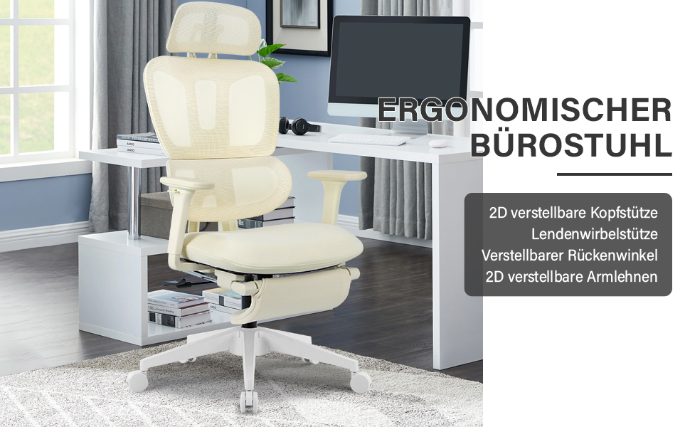 Ергономічне крісло для офісу з підніжкою, висока спинка, 2D-підголівник, відкидні підлокітники, сидіння з губки, сітчастий офісний крісло, крісло для начальника, комп'ютерне крісло для дорослих (кремовий)