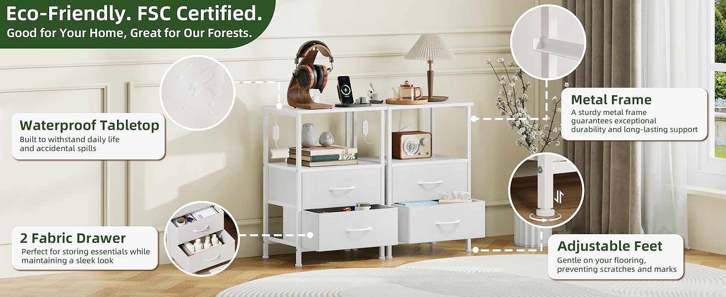 Нічний столик Somdot з LED, USB та Type-C, 2 висувні ящики, штучна шкіра, білий (30x40x60 см)