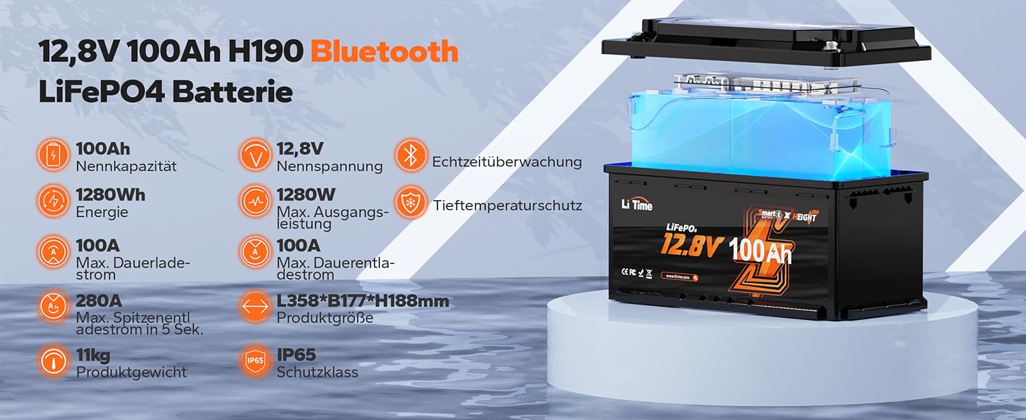 Акумулятор LiTime 12V 100Ah LiFePO4 RV під сидінням Bluetooth і Smart BMS, захист від низьких температур, максимальна кількість циклів 15000 циклів, 100 А BMS, 20,48 кВт-год, заміна свинцево-кислотного матеріалу, ідеально підходить для фургонів 12V100Ah H190 Bluetooth