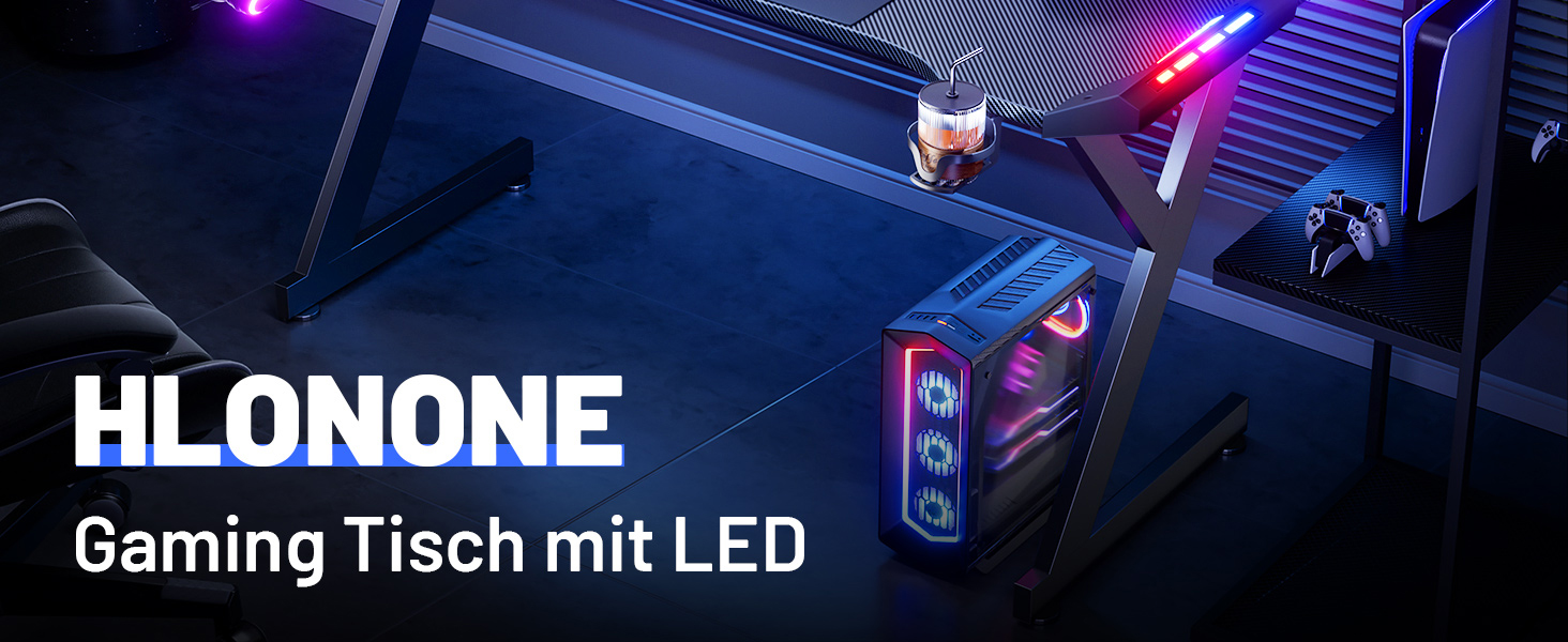 Ігровий стіл HLONONE з LED підсвічуванням, 160 x 60 см, стіл для комп'ютера з карбоновим покриттям, чорний, з тримачем для напоїв та гачком для навушників