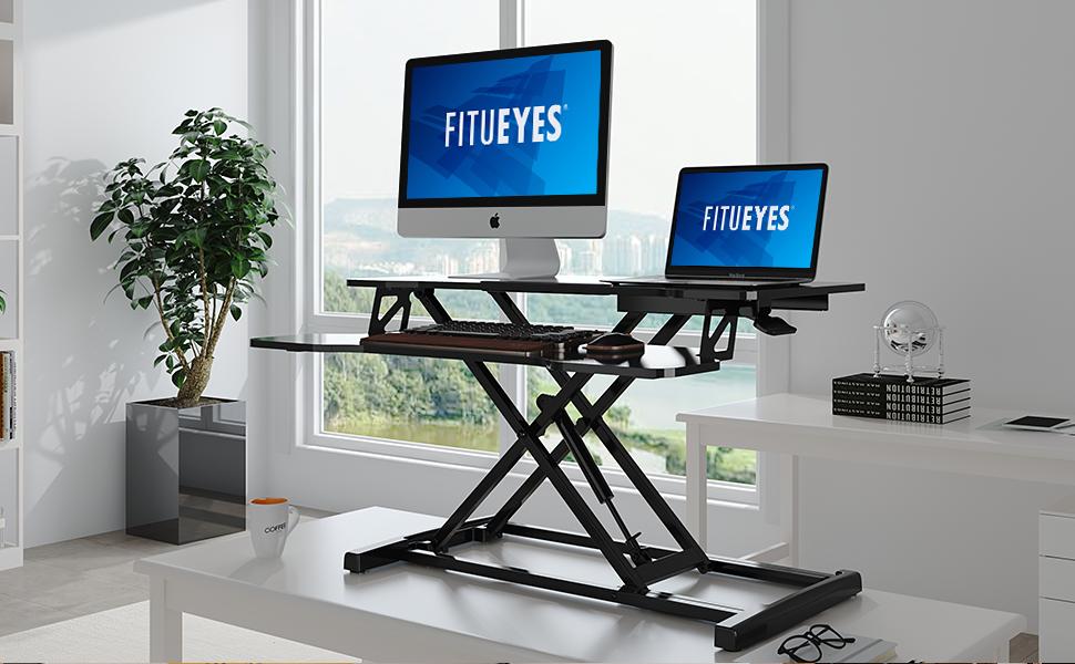 Стіл-підставка FITUEYES для комп'ютера, регульований по висоті, з полицею для клавіатури, 92×40 см, для двох моніторів, чорний