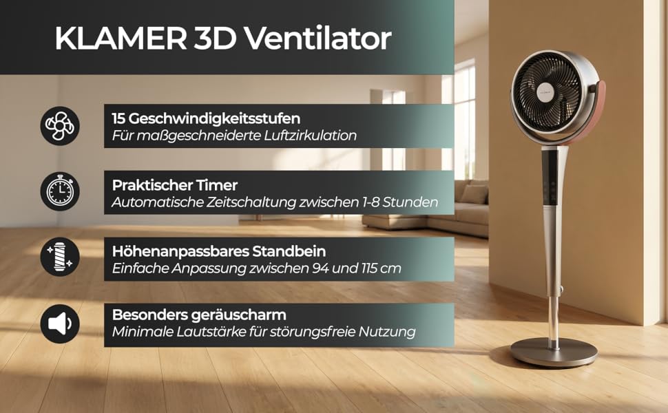 Вентилятор підлоговий KLAMER DC, з пультом, 12 режимів, нічний режим, 85° осциляція, таймер 8 год, 115 см, білий