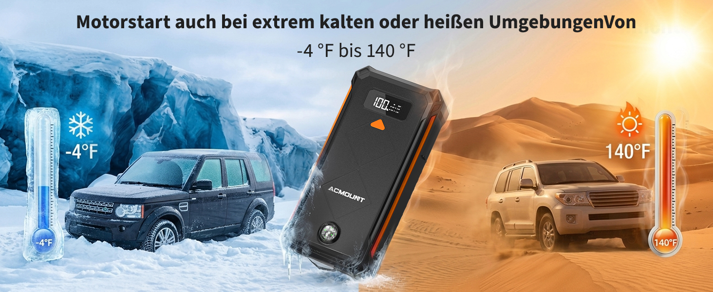 Бустерний пускач Acmount P110 7000A Powerbank для авто (12л бензин/10л дизель) з LED-ліхтарем, компасом та молотком для PKW, SUV, мотоциклів, газонокосарок, помаранчевий