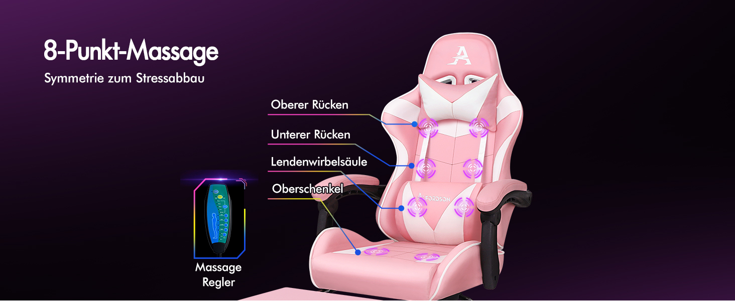 Ігровий крісло Alfordson з регульованою підніжкою, 8 точками масажу, нахилом 150°, PU-шкіра, чорний (Eryx - Рожевий, серія Eryx)