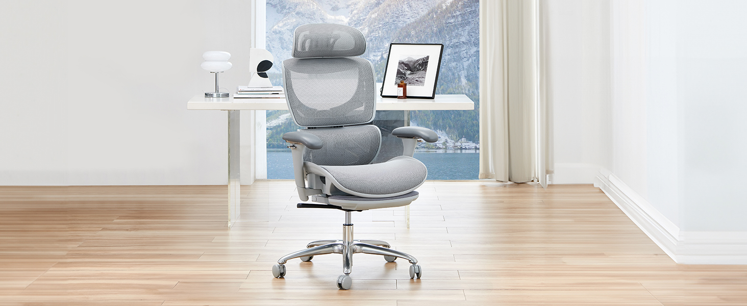 Органічний офісний крісло Colamy з підніжкою, 3D-підлокітниками, підголовником, підтримкою попереку та дихаючою сіткою – крісло для офісу та дому (Сірий)