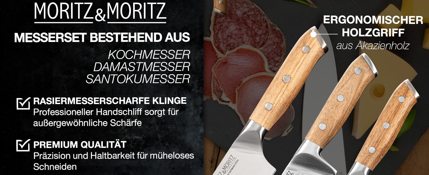 Професійний кухонний ніж Moritz & Moritz 20 см з дамаської сталі 67 шарів - ніж шеф-кухаря з ергономічною ручкою з акації